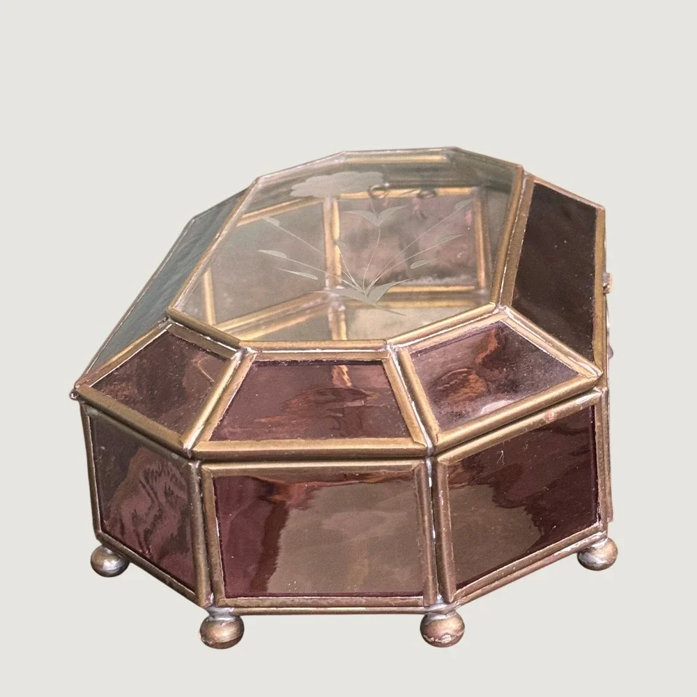 Vintage Purple Glass Jewelry Trinket Box Octagon Brass Etched Floral Lid